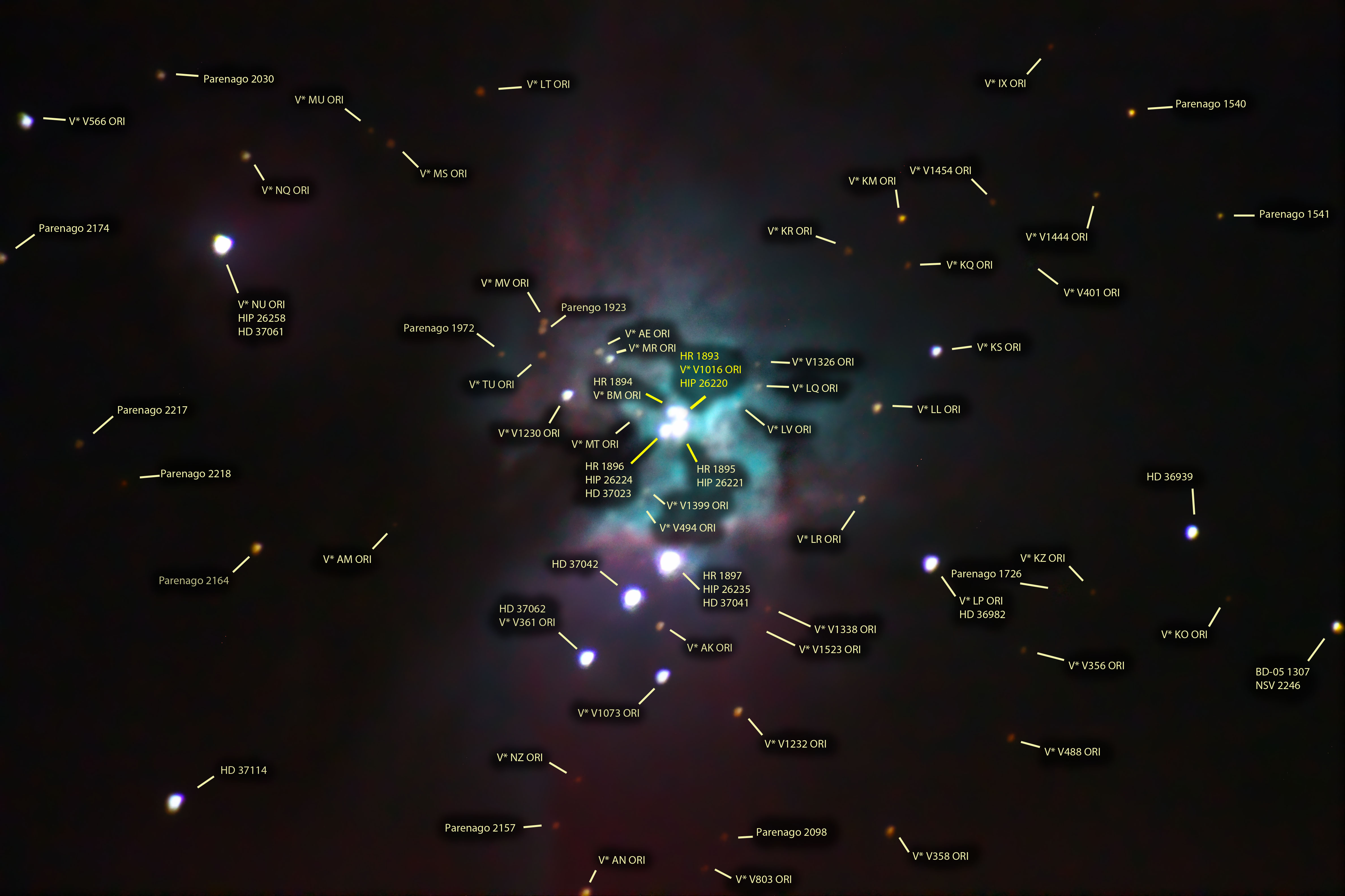 Extended annotated image of The Great Nebula in Orion